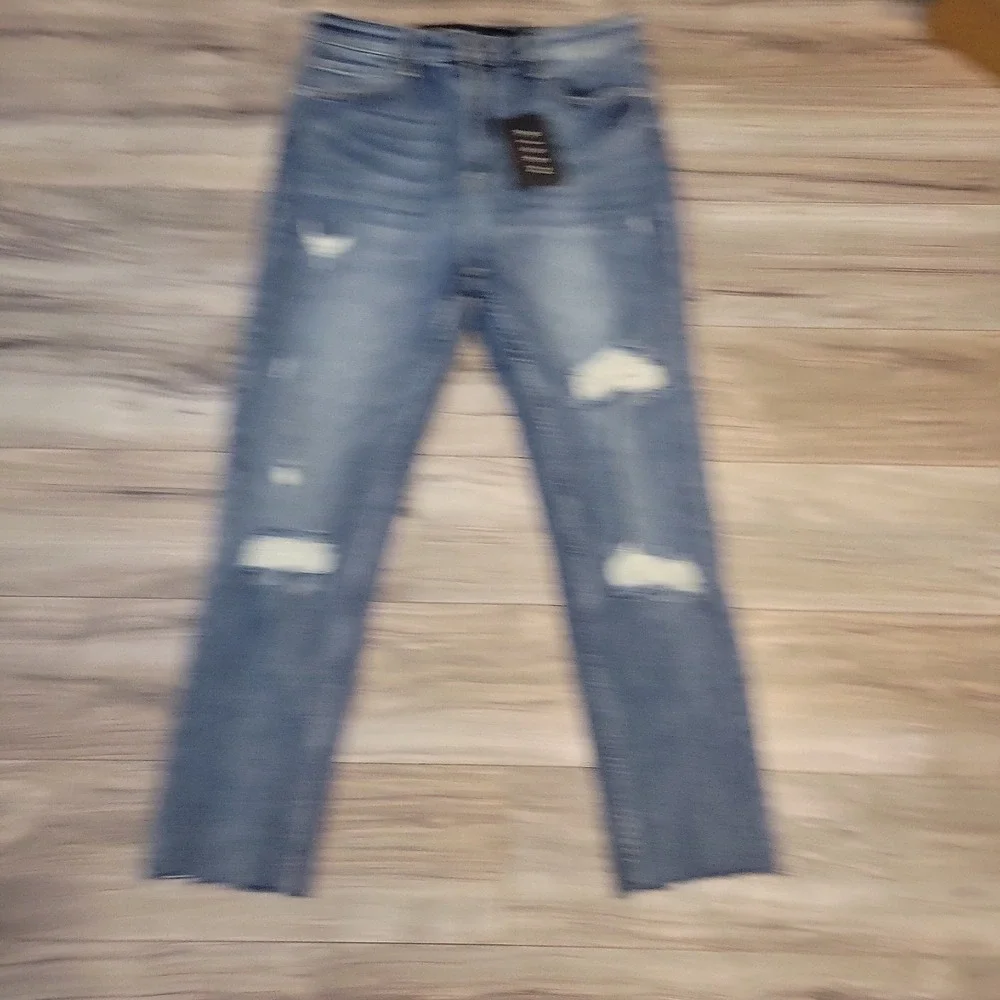 RISEN High Rise Jeans Womens 32/15 Blue Distressed Skinny Denim  Raw Hem  NEW